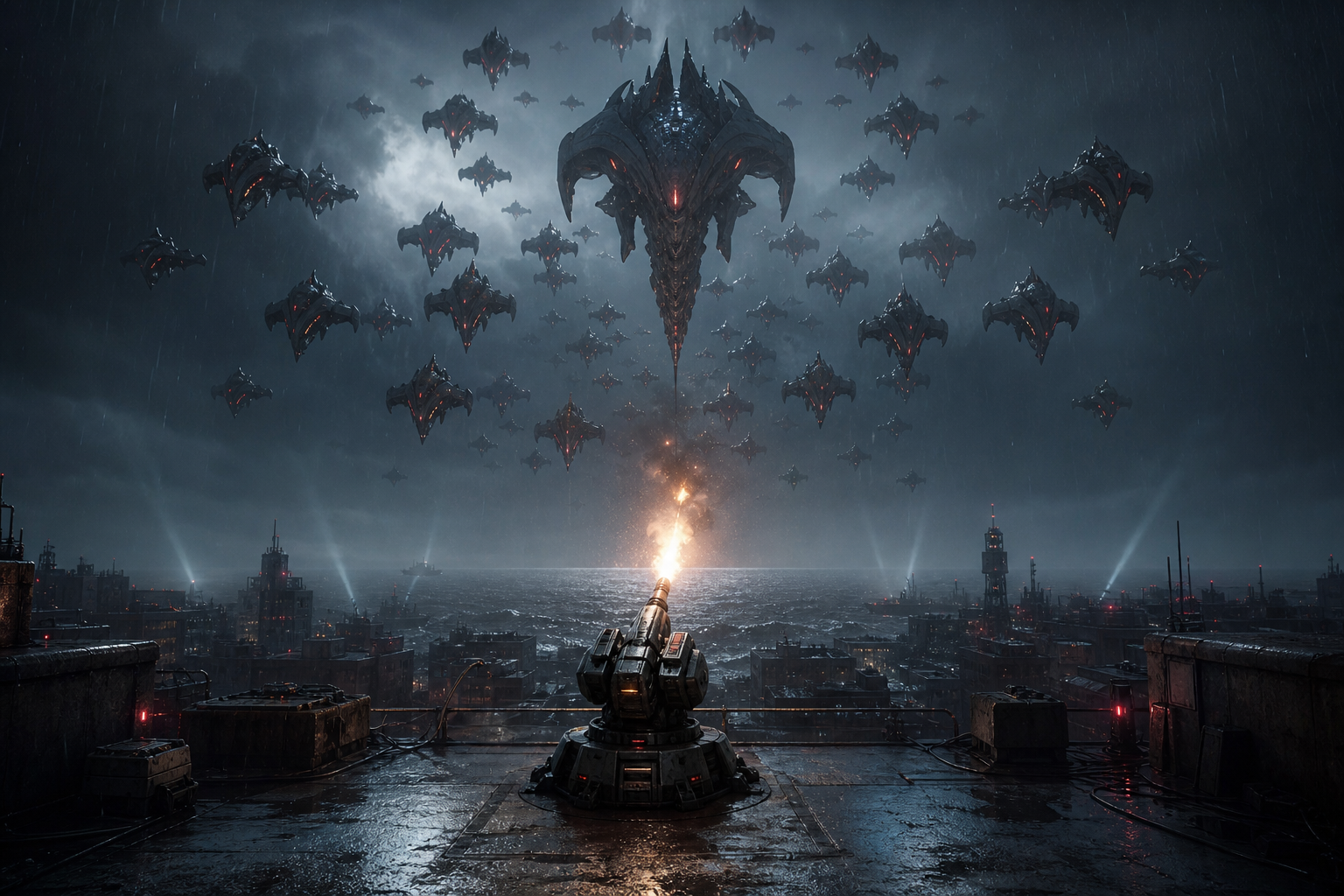 A biomechanical invasion formation descends over a coastal city and defense cannon.